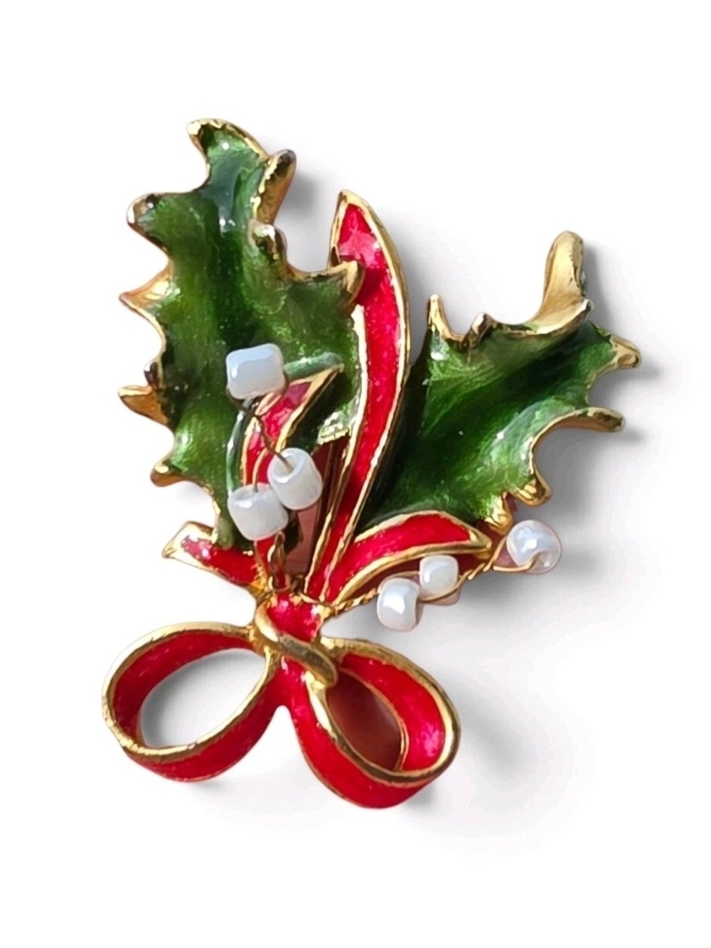 Vintage Holly Berry Christmas Brooch Green Red Enamel Faux Pearl Bow
